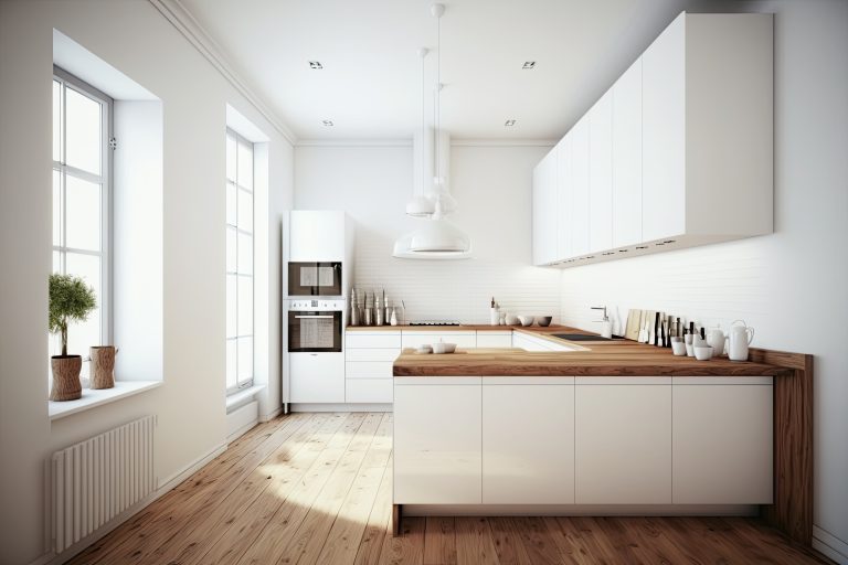 Diseño de interiores con madera. Cocina blanca y madera