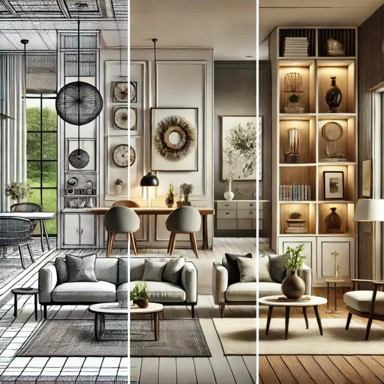 Salón moderno y elegante que representa las diferencias entre interiorismo, diseño y decoración de interiores con muebles a medida, iluminación y detalles decorativos.